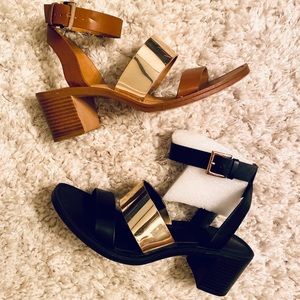 2 PAIRS - camel & black leather block heel sandals